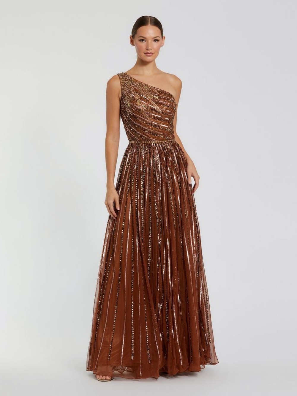 NWT Mac Duggal One Shoulder Aline Gown 0 Copper Sequin Beaded Long Dress 5220